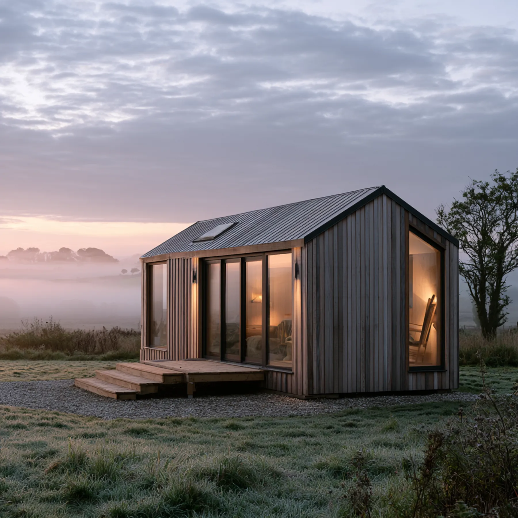 Modular cabin on a rural site at dusk